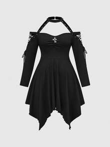 ROMWE Váy ren cổ chữ V lệch vai phong cách Gothic Metal Punk cỡ lớn dành cho phụ nữ cỡ lớn - màu đen - Xem 1