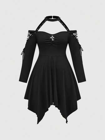 Goth Gotischer Metall Punk Große Größen V-Ausschnitt Schulterfreies Schnürkleid mit asymmetrischem Saum für Damen in Große Größen