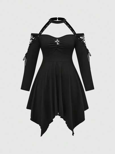 Goth Abito gotico punk in metallo con scollo a V, spalle scoperte, allacciatura, orlo asimmetrico, per donne taglia curvy