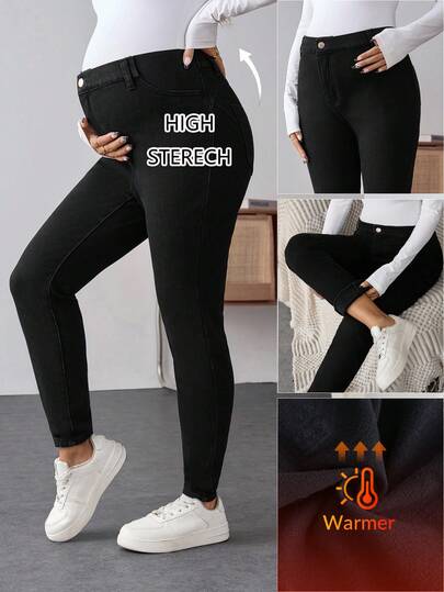 SHEIN 孕妇纯色修身口袋休闲时尚牛仔裤，舒适黑色高腰孕妇牛仔裤，带保暖内衬，弹力修身，适合秋季、冬季、万圣节、圣诞节、新年、感恩节等场合穿着，保暖内衬牛仔裤，派对高弹牛仔裤，通勤度假Y2K可爱街头风科技生日健身俱乐部机场
