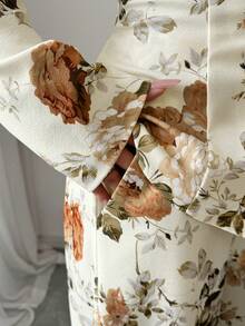 Elenzga 2 件套女式花卉印花西装领长袖开襟夹克和阔腿裤，松紧腰，时尚，百搭，优雅，春秋 - 棕色 - 查看 8