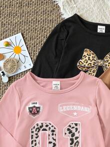 SHEIN 3 件女童字母印花修身长袖 T 恤，甜美休闲百搭百搭套装，秋季 - 彩色 - 查看 6