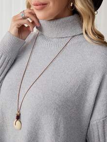 LanaWest 女士休闲日常通勤简约纯色高领落肩宽松不对称下摆套头毛衣，秋冬 - 淺灰色 - 查看 7