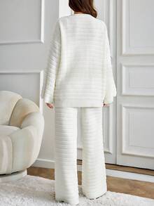 EURMUSE Casual V Neck Cable Knit Textured Pattern Cozy Oversize Balloon Sleeve Button Down Cardigan & Wide Leg High Waist Knitted Pants 2 Pieces Knit Set For Fall Winter Women Outfits White Knit Set Women Two Piece Knit Set White Matching Set Women Womens White Knit Suit White 2 Piece Set Women - Apricot - View 2