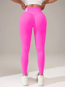 SHEIN Core Rhythm Sport Studio 女式高腰无缝修身紧身裤 - 弹性柔软透气四向弹力紧身裤，适合跑步、骑行、瑜伽、泡菜球运动、休闲 - 玫紅色 - 查看 5