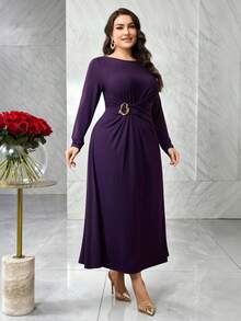 Modelyn Đầm suông tay dài cổ tròn màu trơn cỡ lớn cho nữ, eo kim loại, trang trí xếp nếp thanh lịch - Màu tím - Xem 7