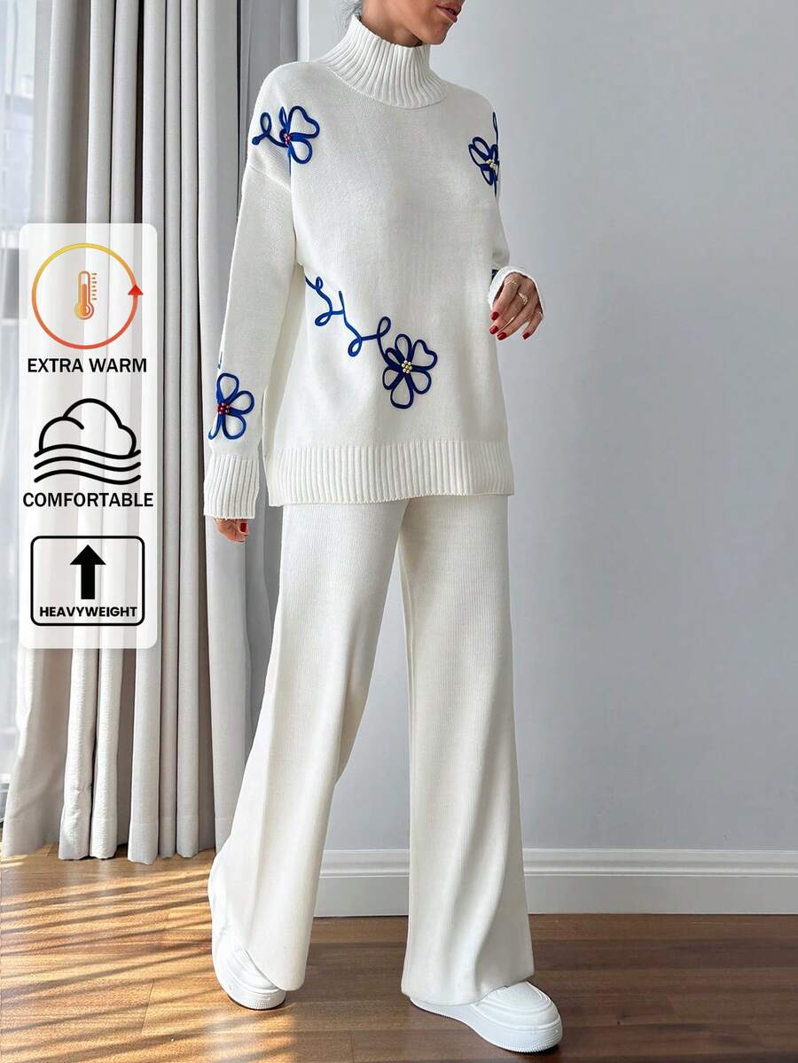 EURMUSE Women 3d Floral Embroidery Sweater Co-Ord Set - White - View 1