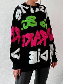 EURMUSE Letter Pattern Drop Shoulder Sweater - Black and White - View 4