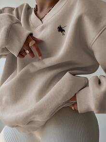 INAWLY 大码简约刺绣V领长袖运动衫