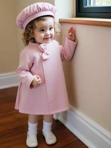 SHEIN Baby Girls Elegant Minimalist Bow Jacket And Hat Set, Autumn/Winter Fall