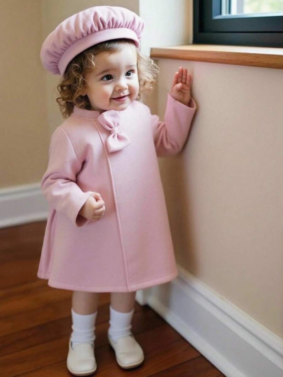 SHEIN Baby Girls Elegant Minimalist Bow Jacket And Hat Set, Autumn/Winter Fall