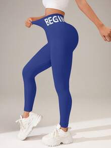 SHEIN Core Rhythm Sport Studio 女式高腰无缝修身紧身裤 - 弹性柔软透气四向弹力紧身裤，适合跑步、骑行、瑜伽、泡菜球运动、休闲 - 藏蓝色 - 查看 3