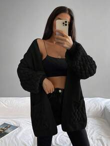 EURMUSE Dual Pocket Drop Shoulder Open Front Cardigan - Black - View 3