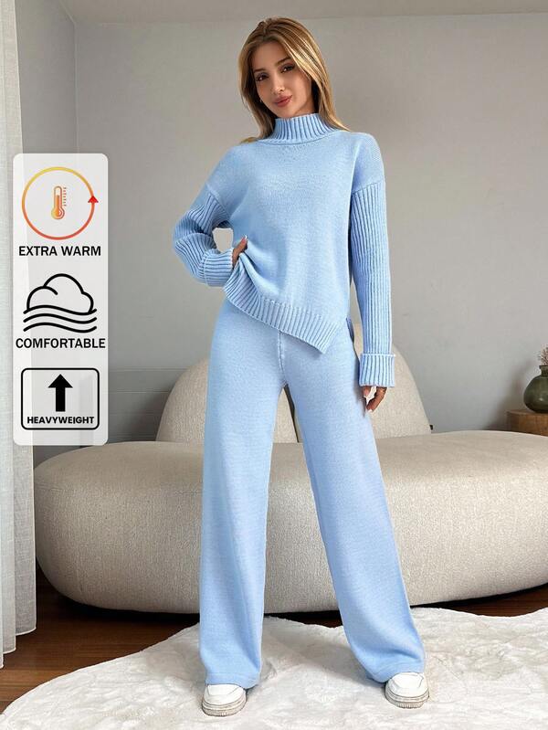 EURMUSE Women's Slit Hem Sweater And Knitted Pants Set