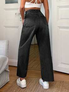 EURMUSE 100% Cotton Mid Waist Frayed Hem Wide Leg Jean - Dark Grey - View 2