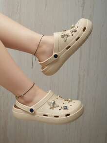 Chanclas para Mujer Estilo Casual con Encanto Metálico, Punta Redonda, Suela Gruesa, Verano, Para Playa y Diario - Beis - Ver 3