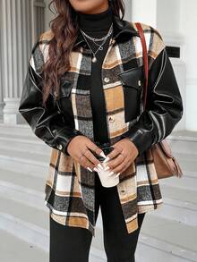 Calvaya Plus Plaid Print Drop Shoulder Flap Pocket Jacket Fall Winter Cloth For Women Autumn - Brown - View 4