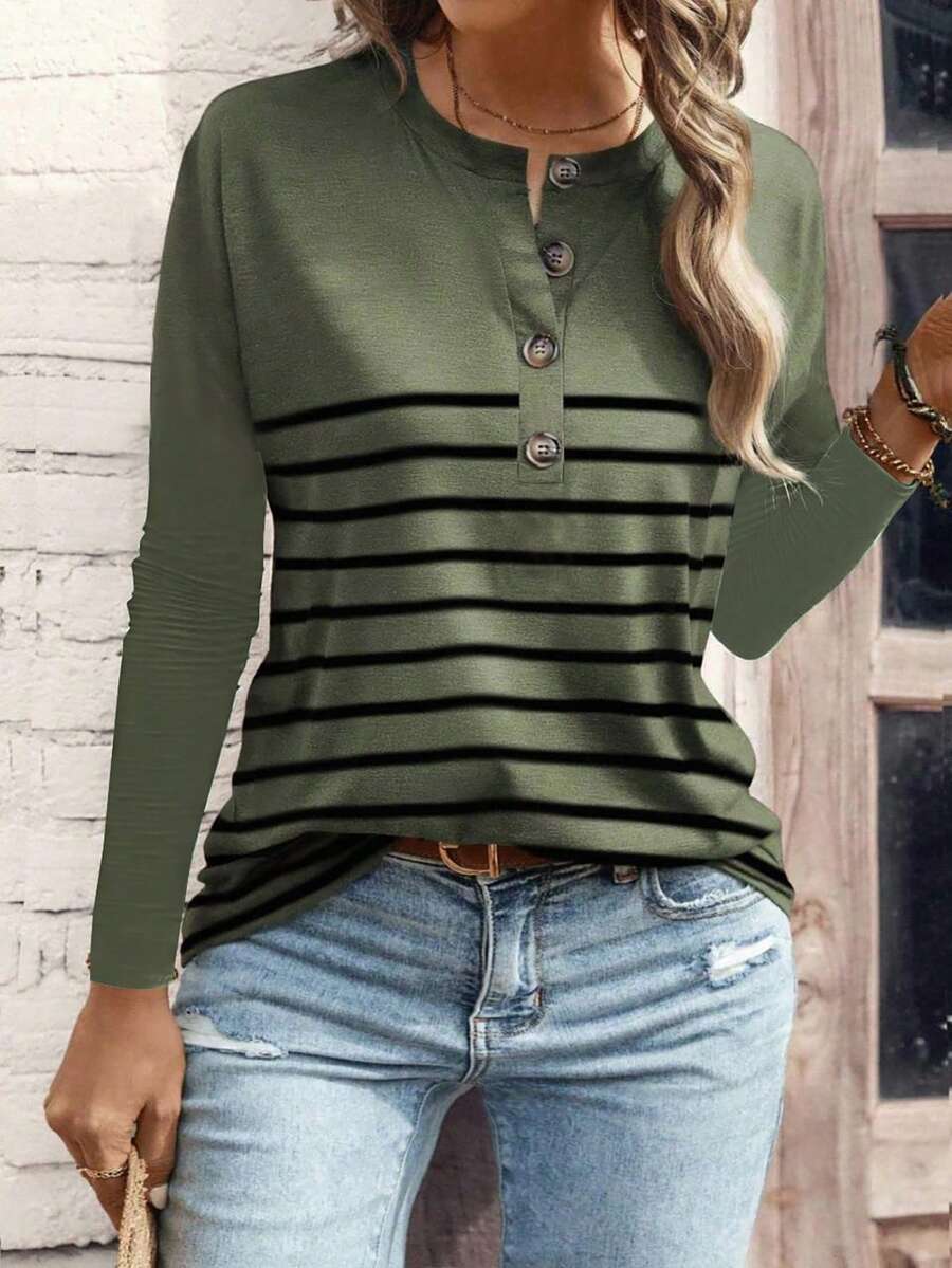 EMERY ROSE 女式条纹纽扣半襟长袖休闲T恤 - 彩色 - 查看 1