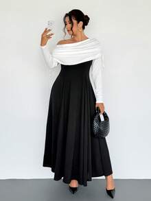 Firerie Plus Size Elegant Sophisticated Romantic Charming Formal Off-Shoulder Ruched Drawstring Waist A-Line Flare Hem Bodycon Long Sleeve Dress, Suitable For Dates, Parties, Balls, And Everyday Wear, New Design For Autumn/Winter - Black and White - View 8