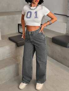 EURMUSE HIGH WAIST CASUAL STYLE DENIM STRAIGHT - Light Grey - View 3