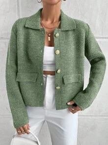 EURMUSE 纯色前扣优雅长袖开衫