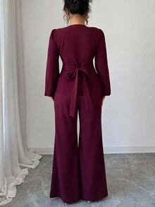 Elenzga Elegancki damski bordowy top z wiązaniem w talii i kwiatowym patchworkiem w stylu francuskim, w kształcie litery A, z długim rękawem i rozszerzanymi rękawami, 2-częściowy komplet, jesień/wiosna