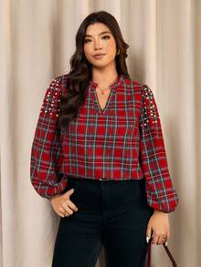 Elaquor 大码休闲百搭格子珍珠V领宽松女式衬衫，适合圣诞节 - 彩色 - 查看 4