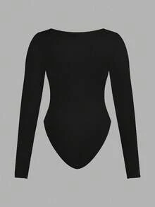 SHEIN Essnce 大码女式时尚休闲通勤商务休闲年轻商务职业内衣两件套，黑色、酒红色、锚红色多件套紧身包臀方领长袖连体衣 - 深灰色 - 查看 8