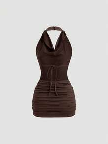 Sweetra Black Plunging Neck Backless Tie Strap Sleeveless Sexy Bodycon Mini Dress - Coffee Brown - View 2