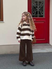 SHEIN 2件套少女条纹V领休闲毛衣和紧身裤套装 - 棕色 - 查看 7