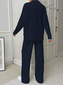 EURMUSE Woman Loose Fit Comfy Warm Thick Polo Neck Sweater And Pants Co-Ords Two Piece Set - Navy Blue - View 2