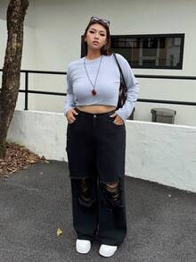 SHEIN CURVE+ Plus Size Women Street Style Fashion Distressed Pocket Denim Jeans Y2k Plus Size Ripped Jeans - Black - View 7