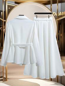 GlowEve 女士优雅通勤纯色夹克和阔腿裤两件套 - 白色 - 查看 2