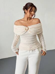 Firerie Plus Size Women Off Shoulder Ruched Fitted Metallic Decor Textured Fabric Long Sleeve Elastic T-Shirt, Elegant Casual For Spring - Apricot - View 5