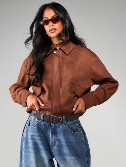 MISSGUIDED Faux Suede Bomber Jacket With Zipper Closure And Ribbed Cuffs For Fall Winter Casual Outerwear