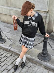 青少年女孩二合一马球领运动衫和裙子套装 - 黑色 - 查看 3