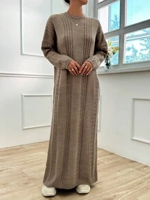 EURMUSE Cable Pattern Sweater Dress - Mocha Brown - View 4