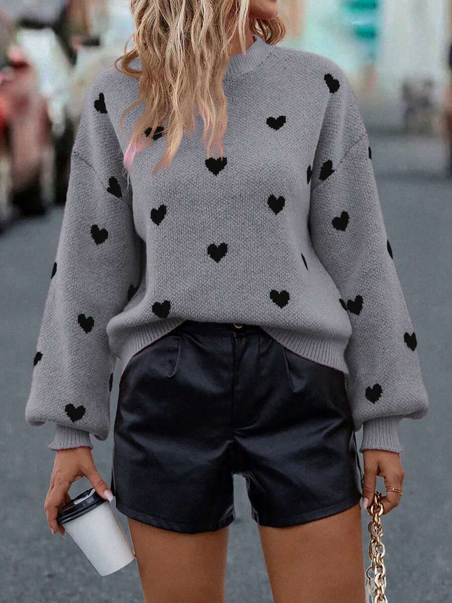 EMERY ROSE Women's Autumn/Winter Fashion Drop Shoulder Long Sleeve Heart Pattern Sweater - Grey - View 1
