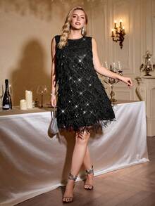 Auralis Plus Size Women's Fashion, Elegant And Comfortable Loose Shiny Sequined Black Sleeveless Sexy See-Through Dress, Party Dress, Prom Dress, Wedding, Women's Sexy Club Dress, Carnival Dress, Beaded Dress, Black Dress, Women's Concert Dress, New Year Party Dress