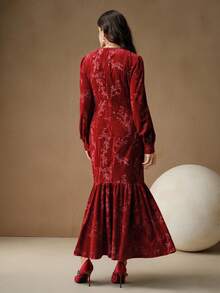 Anewsta 新款优雅复古丝绒提花泡泡袖鱼尾连衣裙，适合秋季、冬季、春季、新年、派对、婚礼等场合，优雅、别致、时尚，圣诞节穿着也十分合适。 - 紅色 - 查看 2
