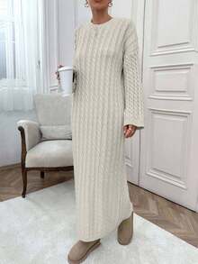 EURMUSE Váy len dệt kim dài cho nữ - Màu be - Xem 4