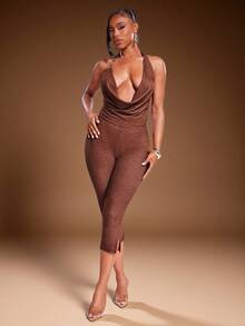 Denimoi 2 Pieces Faux Denim Effect Stretch Knit Halter Top And Capri Pant Set - Brown - View 1