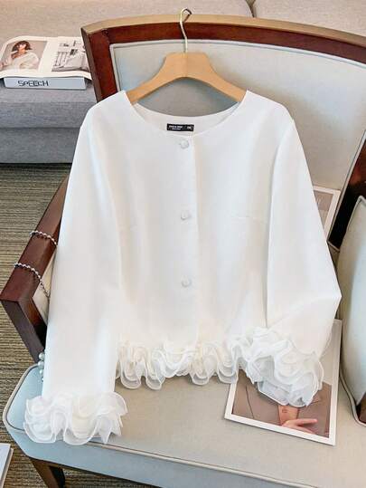 GlowEve CURVE Plus Size Women Round Neck Long Sleeve Jacket, Versatile Minimalist Design Suitable For Autumn/Winter Daily Commute, Ruffle Cuff Detail