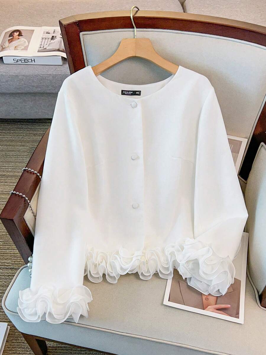 GlowEve CURVE Plus Size Women Round Neck Long Sleeve Jacket, Versatile Minimalist Design Suitable For Autumn/Winter Daily Commute, Ruffle Cuff Detail - White - View 1