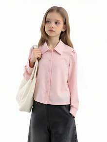 Áo sơ mi trơn tay đơn phong cách cung điện cổ điển dành cho bé gái tuổi mới lớn - Hồng - Xem 2