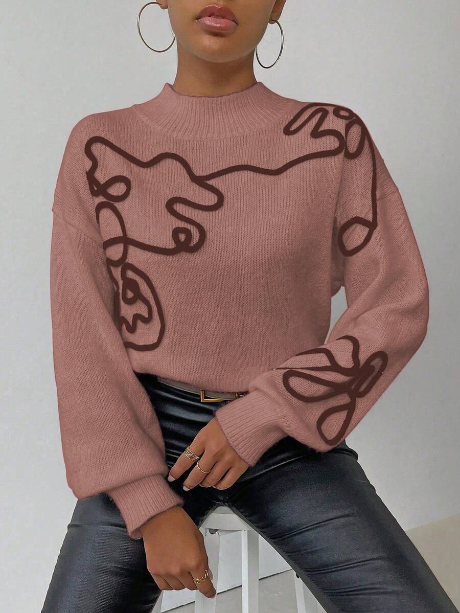 SHEIN LUNE Women's Casual Floral Pattern Dropped Shoulder Loose Knit Sweater, Autumn/Winter - Blush Crush - View 1