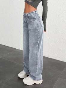 EURMUSE 100% COTTON HIGH WAIST BUTTON DETAILED WIDE LEG JEAN - Baby Blue - View 7