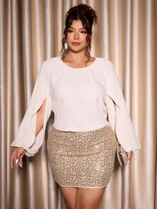 Cravure Plus Size Women's Elegant Party Outfit, Lantern Sleeve Top And Sequin Bodycon Skirt 2-Piece Set, Spring/Autumn/Winter - Apricot - View 7