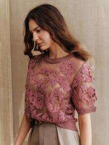 Anewsta 女式秋季花卉网眼圆领短袖针织上衣春季女装 - 中紫紅色 - 查看 6