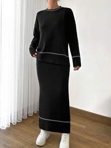 EURMUSE Women Solid Color Round Neck Drop Shoulder Stripe Pattern Pullover & Sweater Skirt Set - Black - View 4